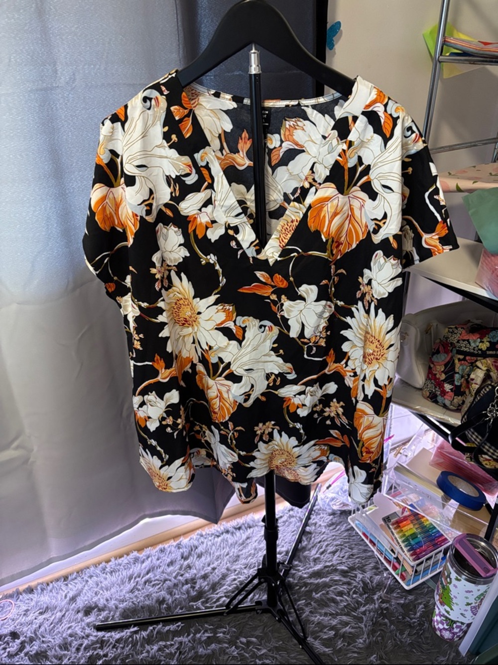 SHEIN Black Floral V-Neck Blouse with Cream & Orange Blooms